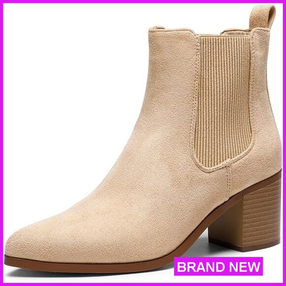 Shoes - Retro Chunky Heel Ankle Boots Pointed Toe Pull-On Booties Elegant Fashion